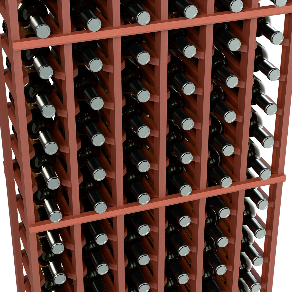 6-column wine rack close-up showing dark bottles in a red-brown frame grid.