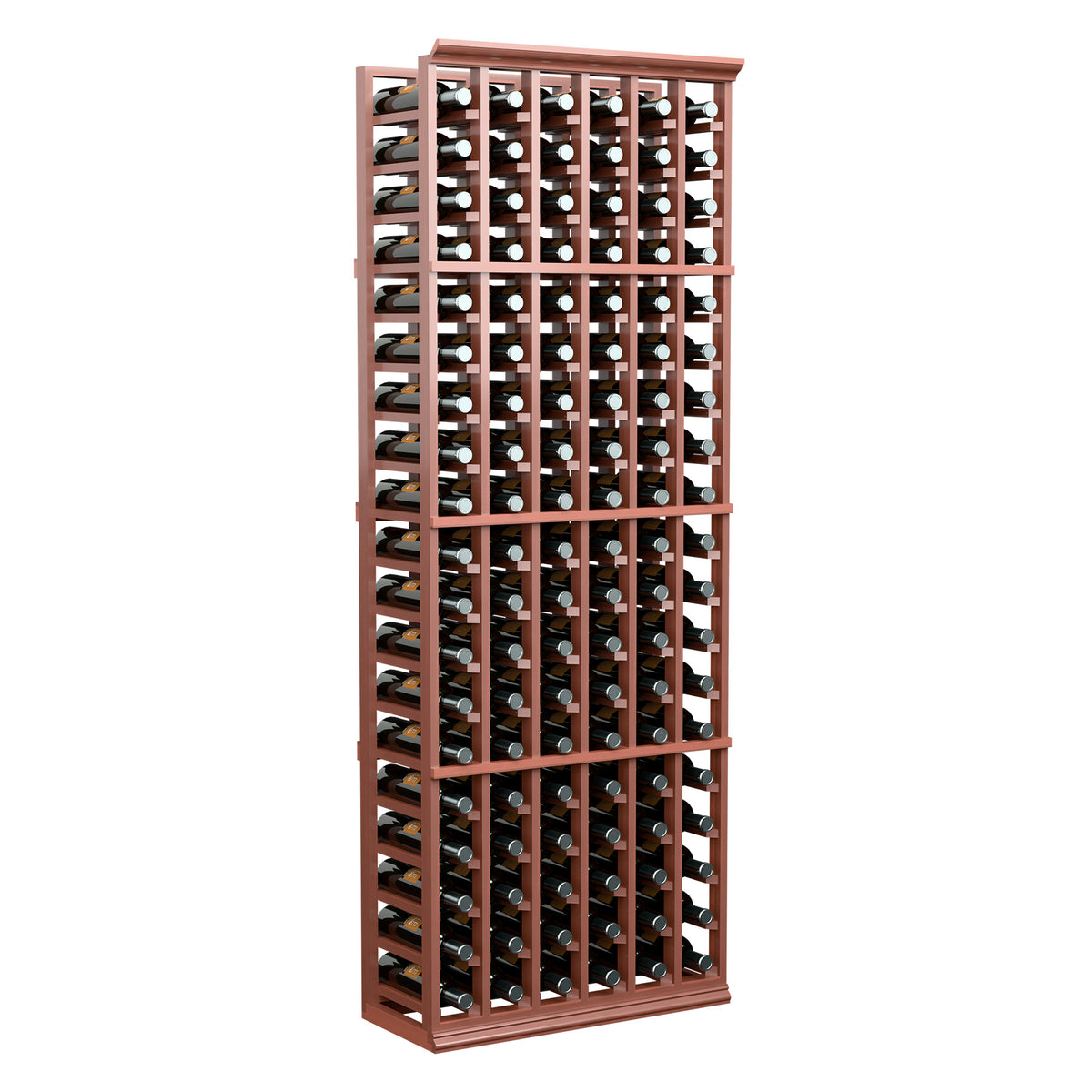 6-column wine bottle rack with red-brown frame and capped bottles, full front view.