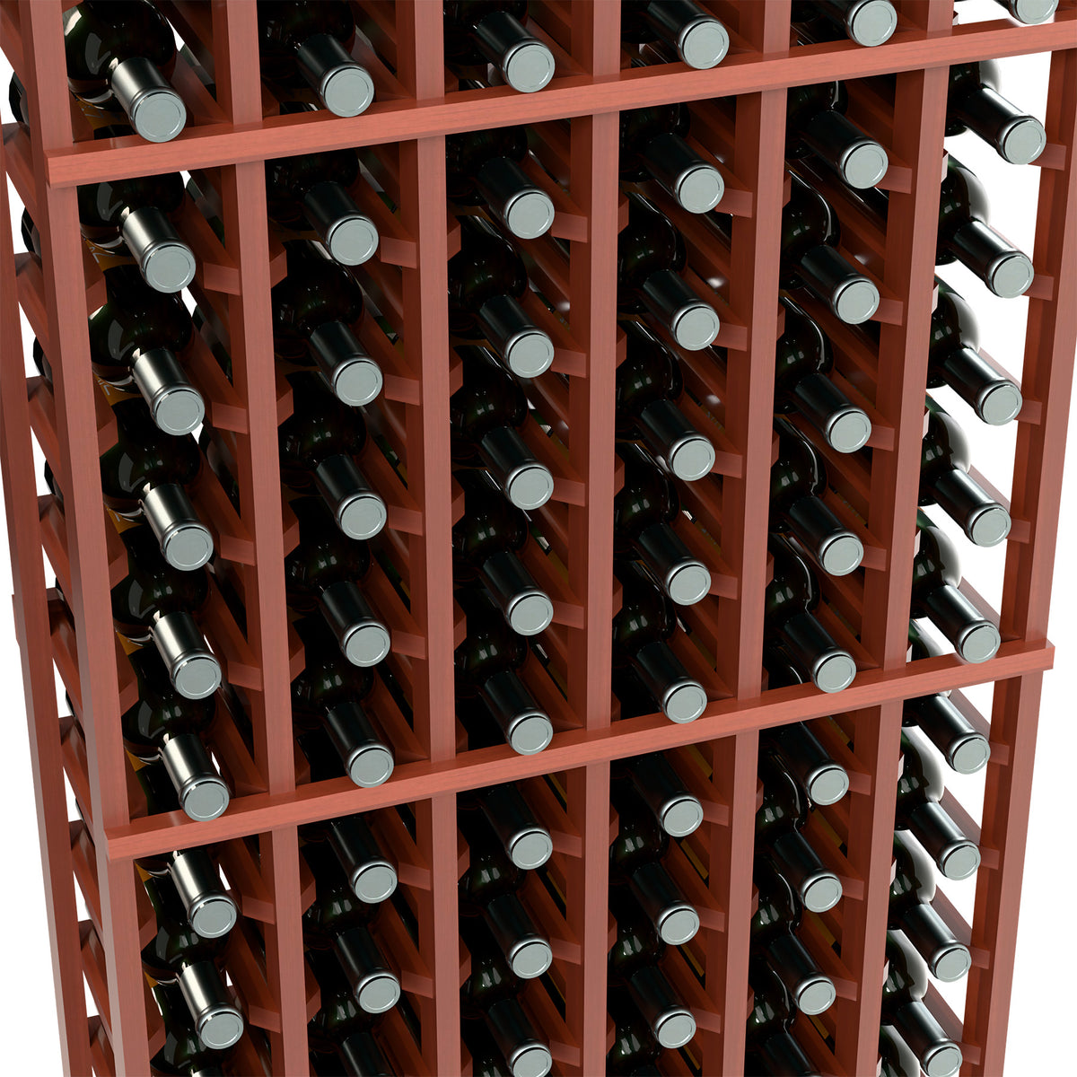 6-column wine rack close-up with dark bottles and red-brown wood slat frame.