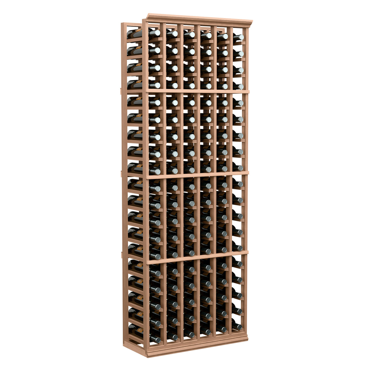 6-column wine bottle rack with warm brown frame and bottle storage, front view.