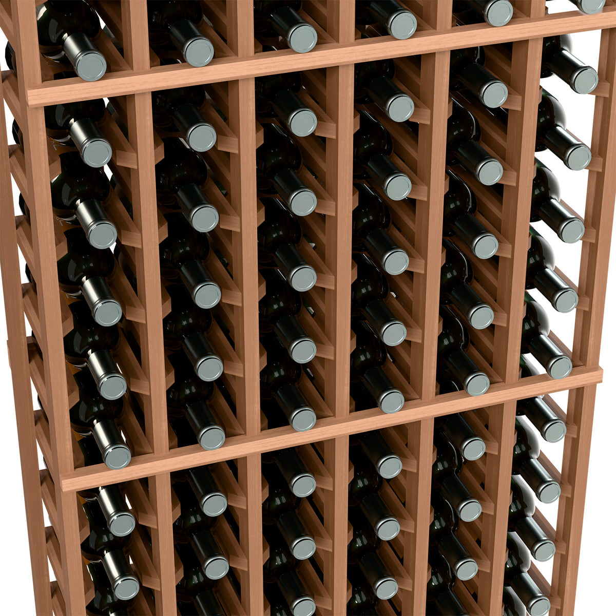 6-column wine rack close-up with dark bottles and warm brown slat frame.