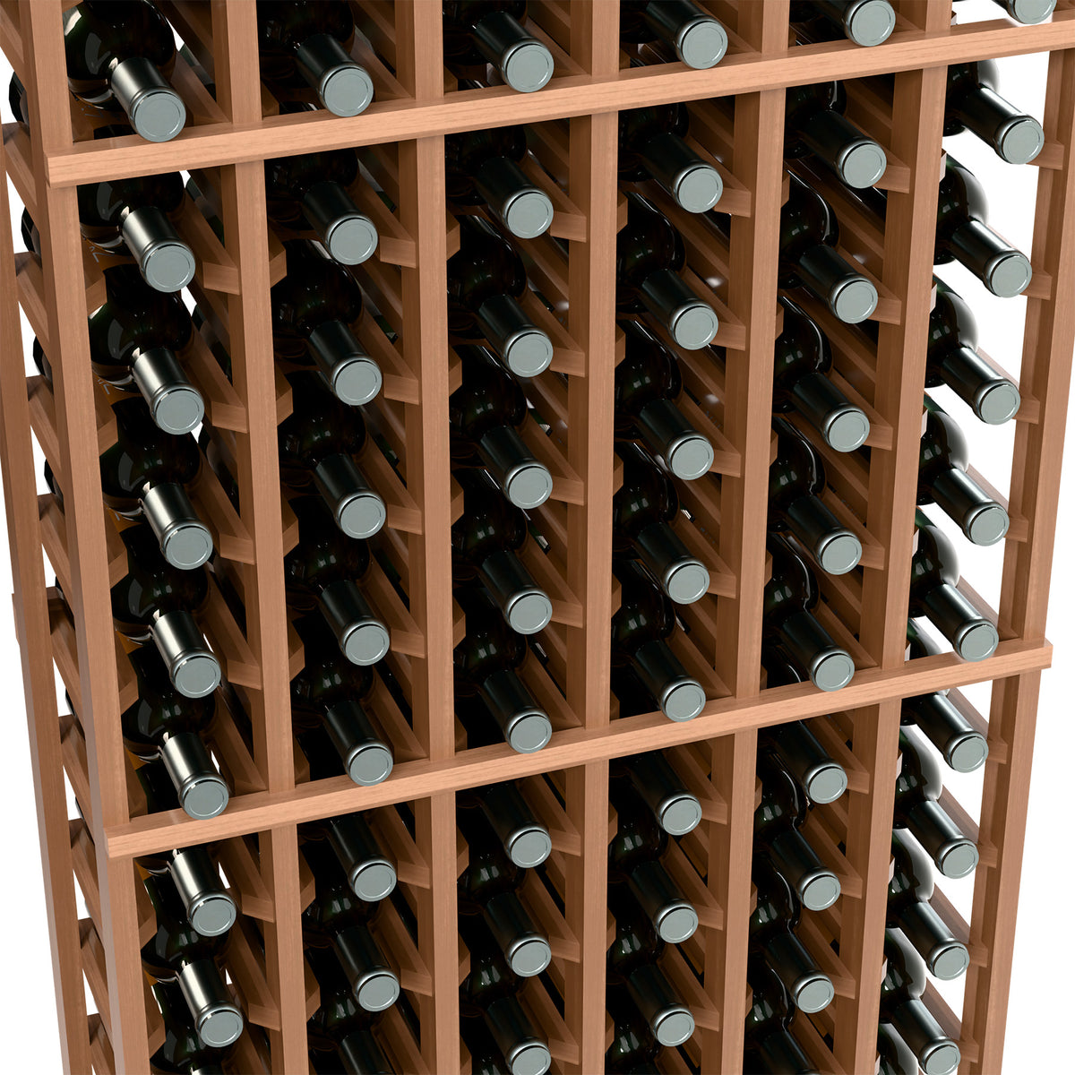 Natural wood wine rack close-up showing bottle rows and gray bottle caps