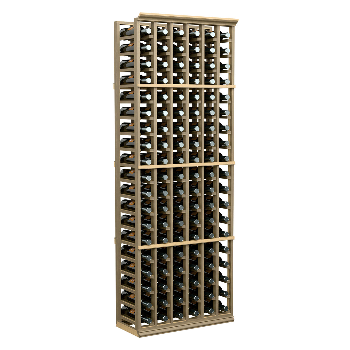 Tall 6-ft wine bottle rack with 6 columns, natural wood frame, front view