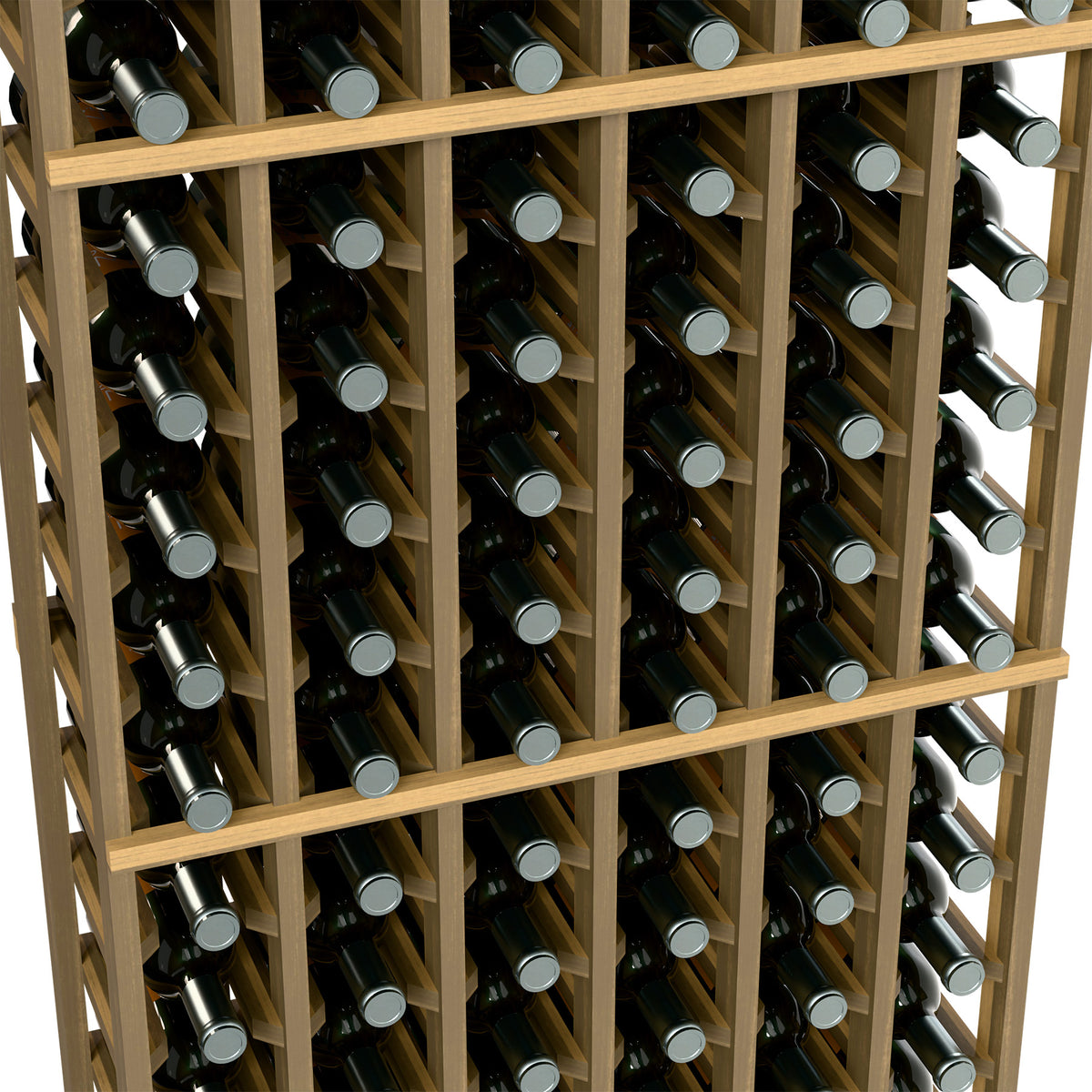 Natural wood wine rack close-up with multiple bottle rows in square compartments
