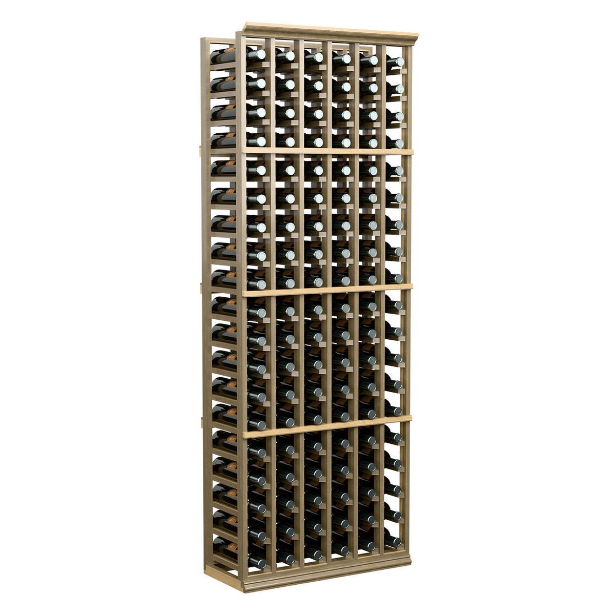 6-column, 6-ft wine bottle storage rack with natural wood frame and bottle slots