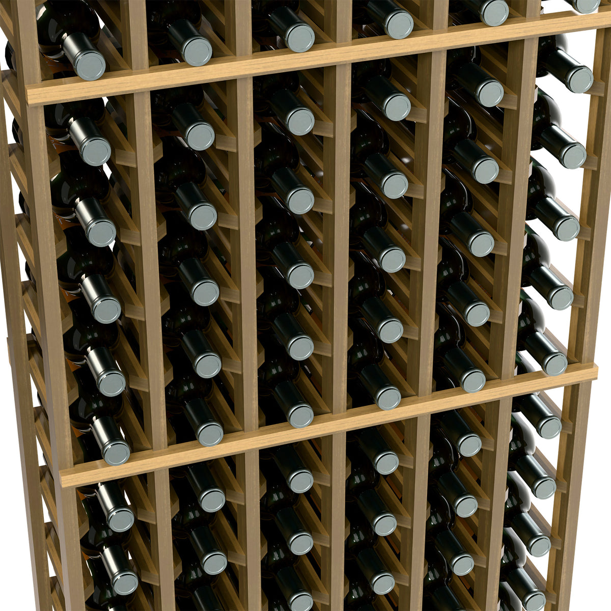 Natural wood wine rack close-up with stacked bottle ends and cradle grid