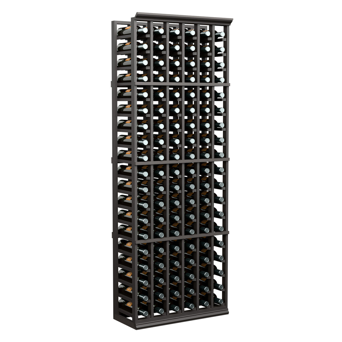 6-ft wine bottle storage rack with 6 columns, dark wood frame and bottle cradles