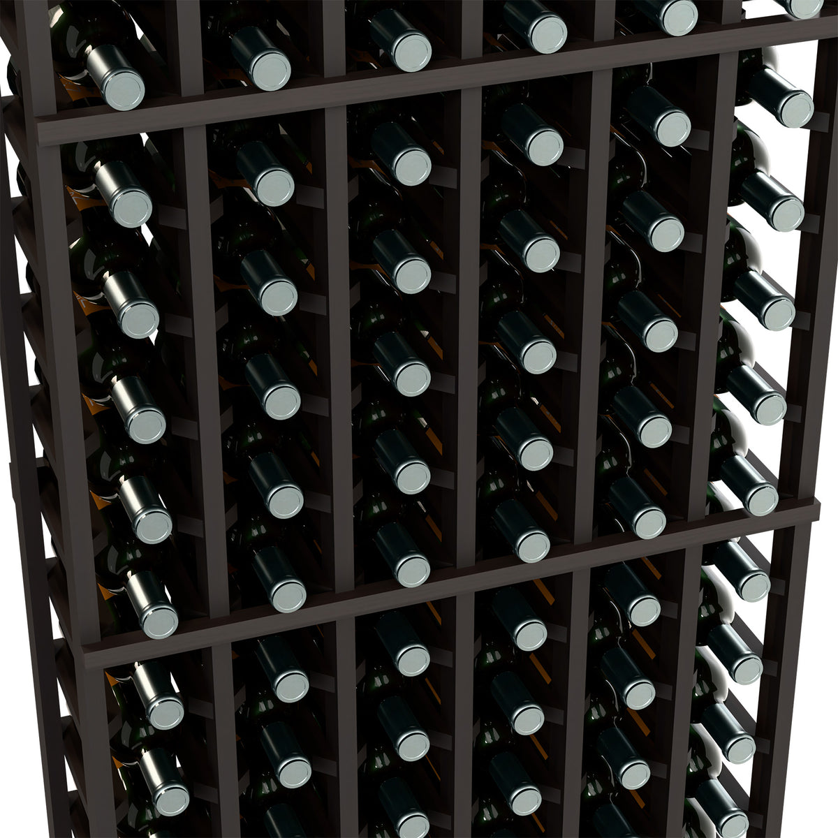 Dark wood wine rack close-up showing bottle rows and gray bottle caps