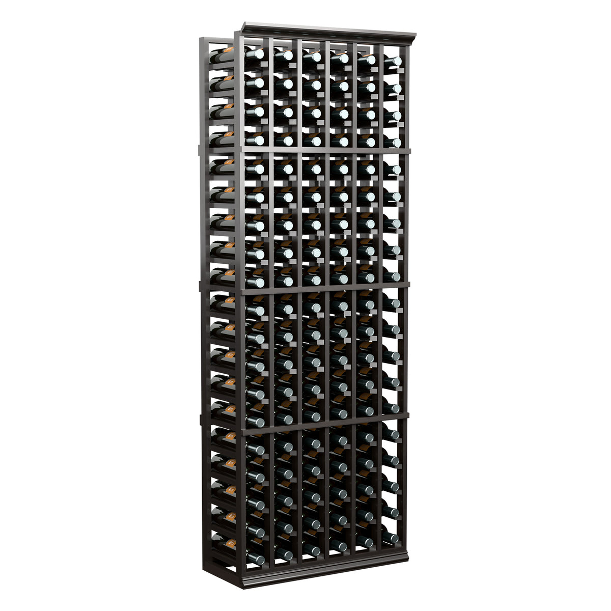 Tall 6-ft wine bottle rack with 6 columns, dark wood frame, front view