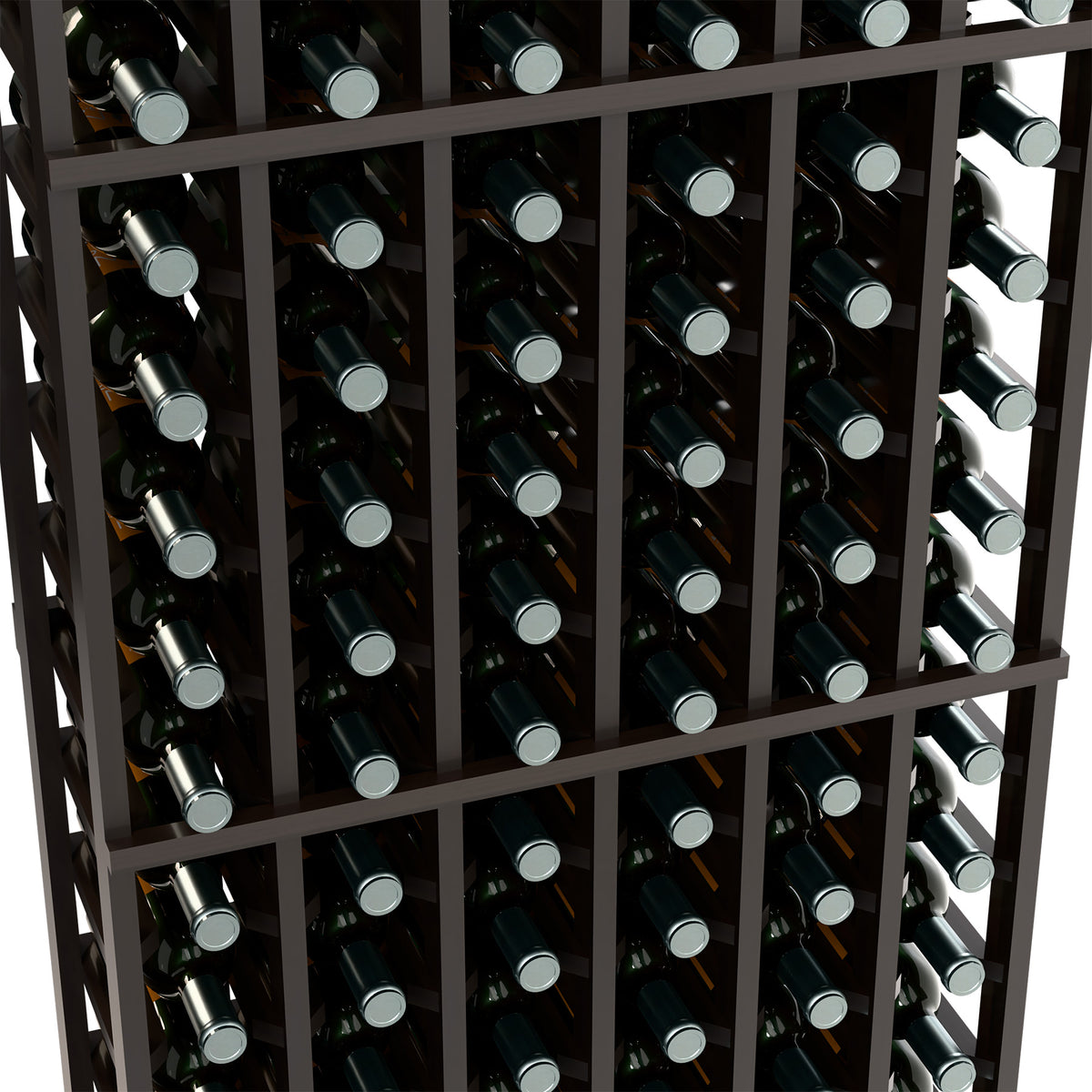 Dark wood wine rack close-up with multiple bottle rows in a lattice frame