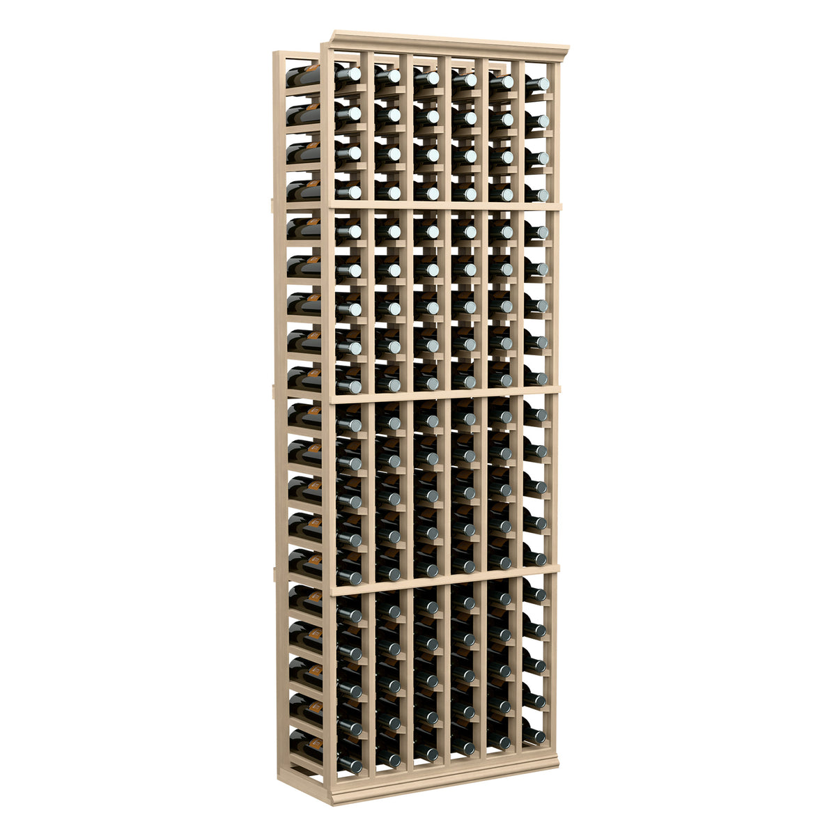 Dark wood 6-column wine rack, 6ft tall, holds bottles in individual slots