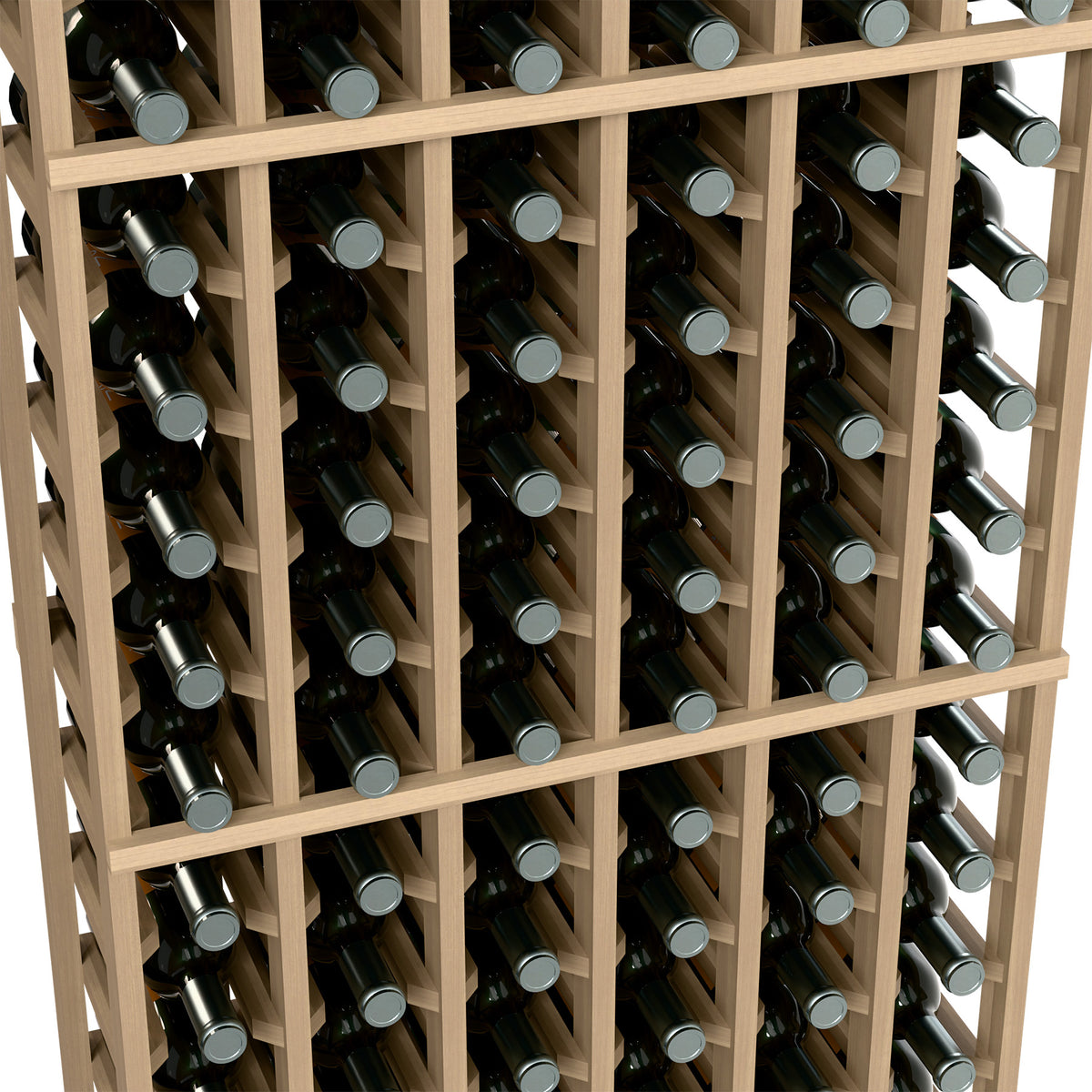 Interior view of a 6-column wine rack with bottle necks in crisscross slots