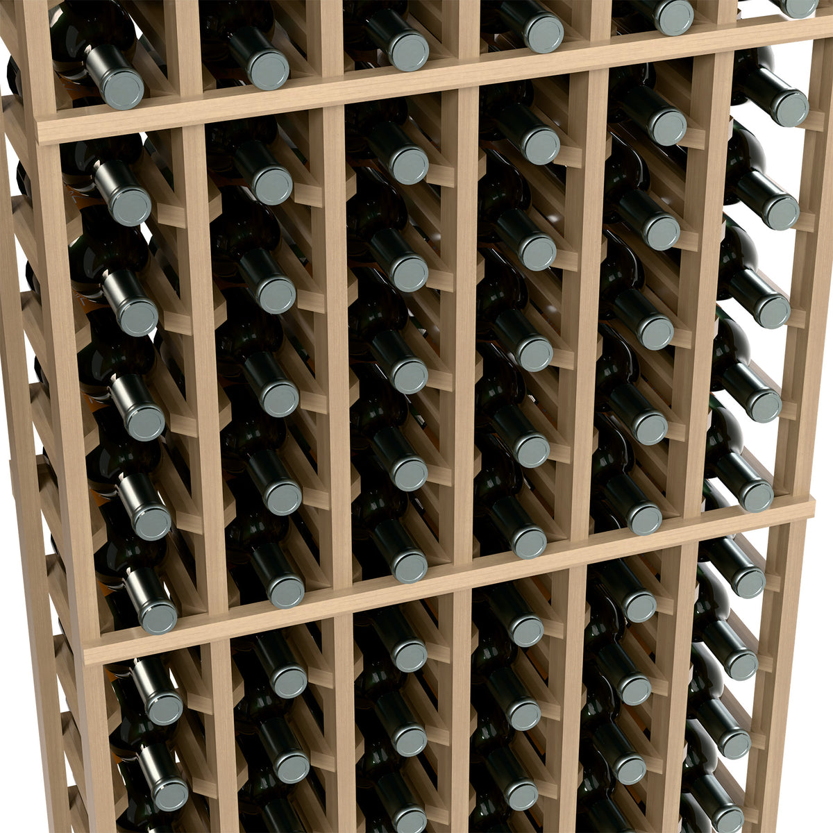 Close-up of bottle-filled 6-column wine rack with evenly spaced openings