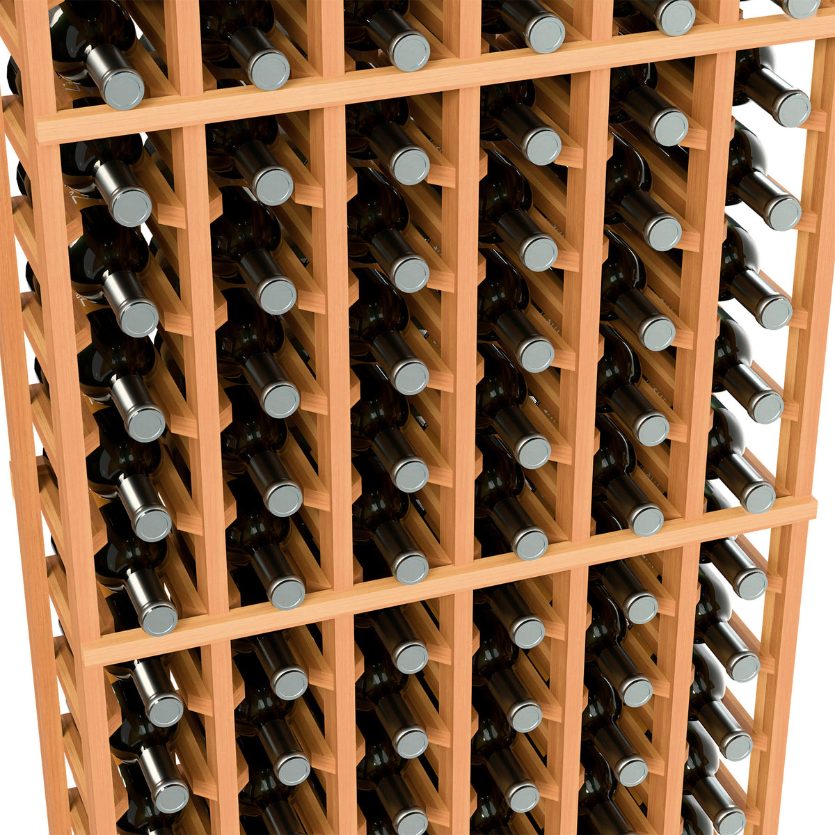 Close-up of light wood 6-column wine rack holding wine bottles in rows