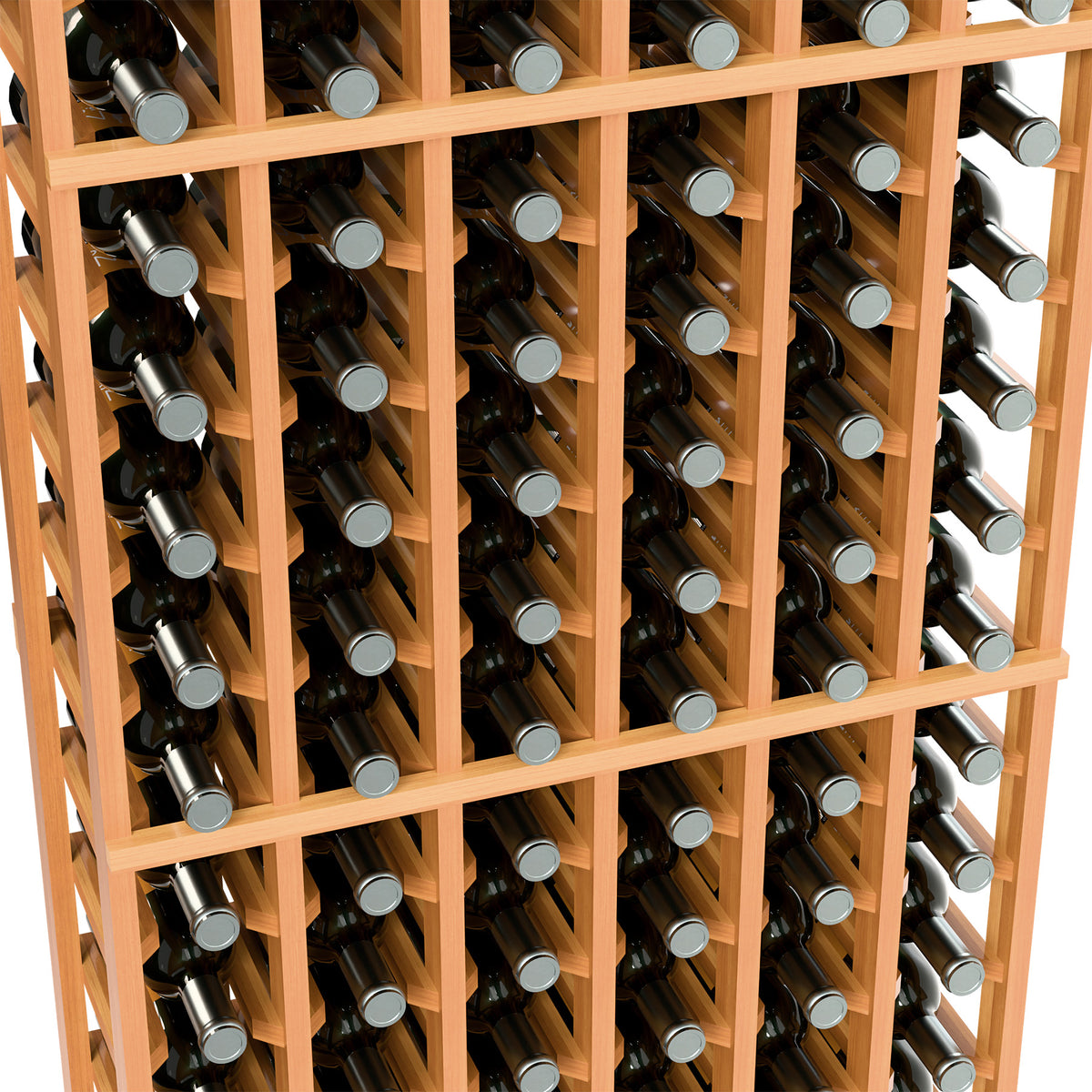 Interior view of light wood 6-column wine rack with multiple bottle channels