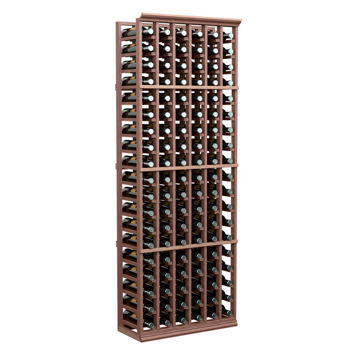 Dark wood 6-column wine rack, 6ft tall, features bottle slots with spacing