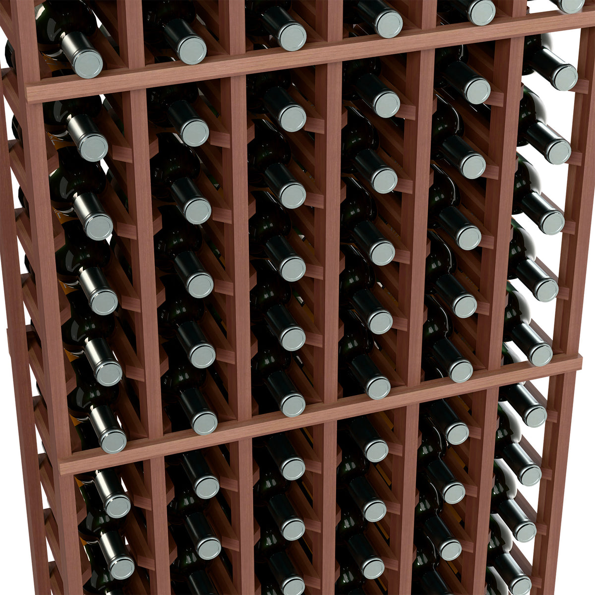 Close-up of a reddish wood 6-column wine rack holding wine bottles upright