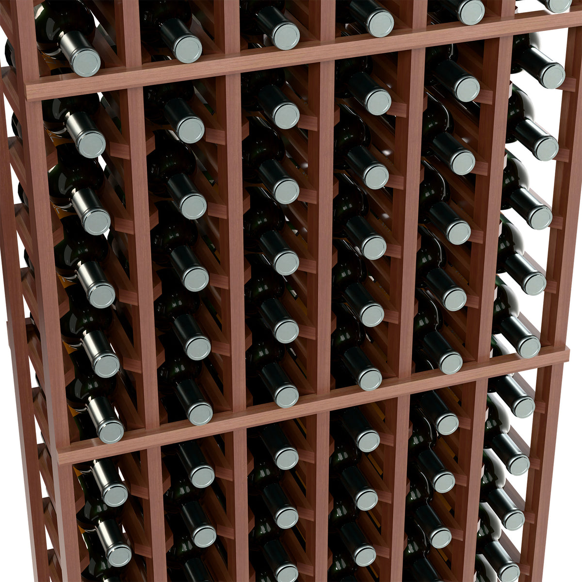 Close-up of dark wood wine bottle rack holds bottles in 6-column grid