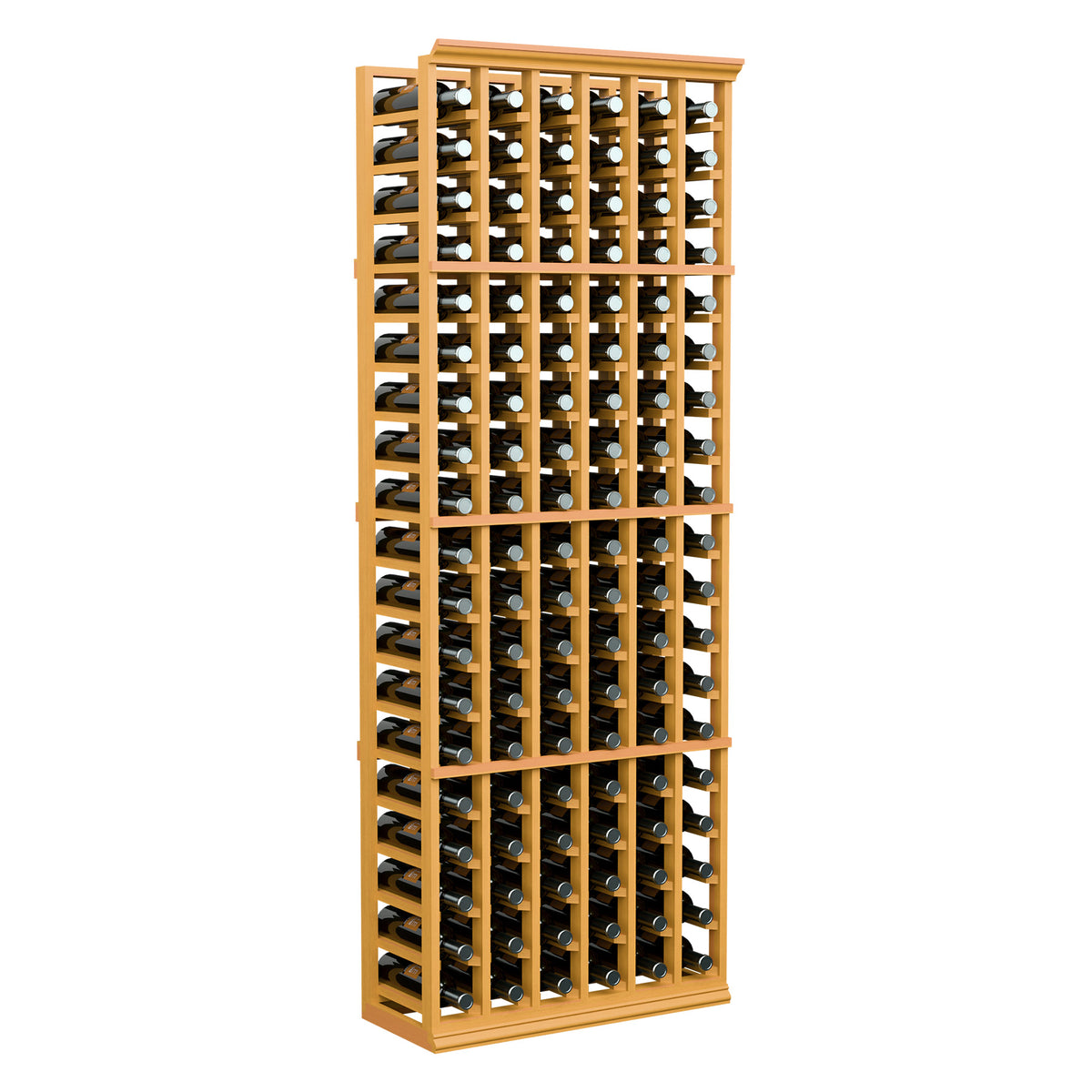 6-ft 6-column wine bottle rack with light wood frame and bottle storage