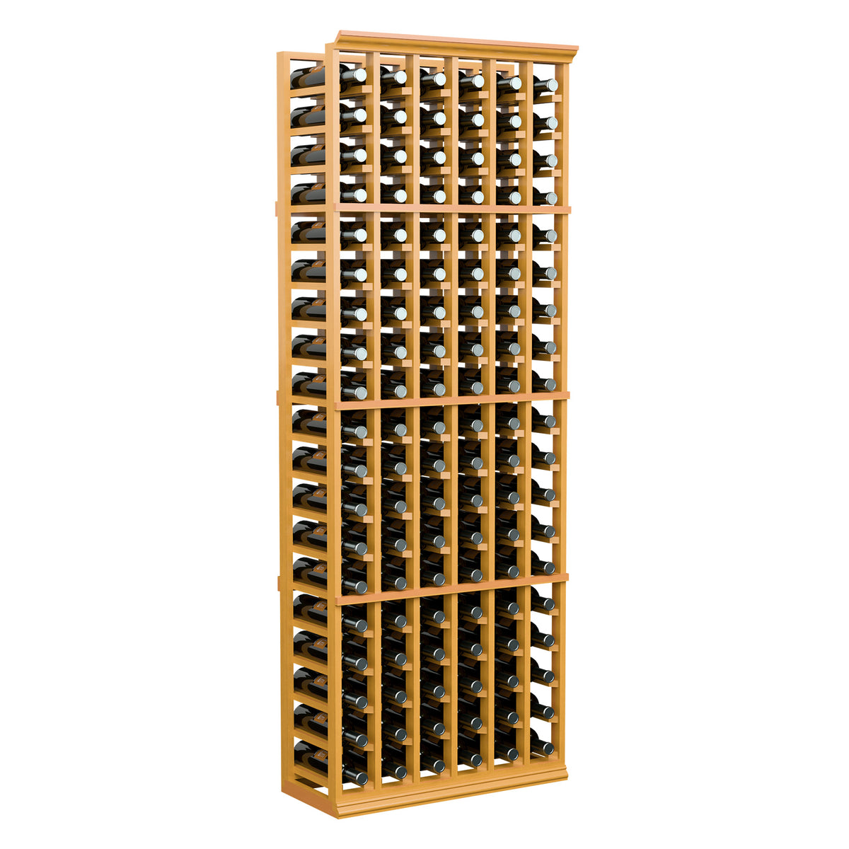 6-ft 6-column wine bottle rack in light wood with rows of capped bottles