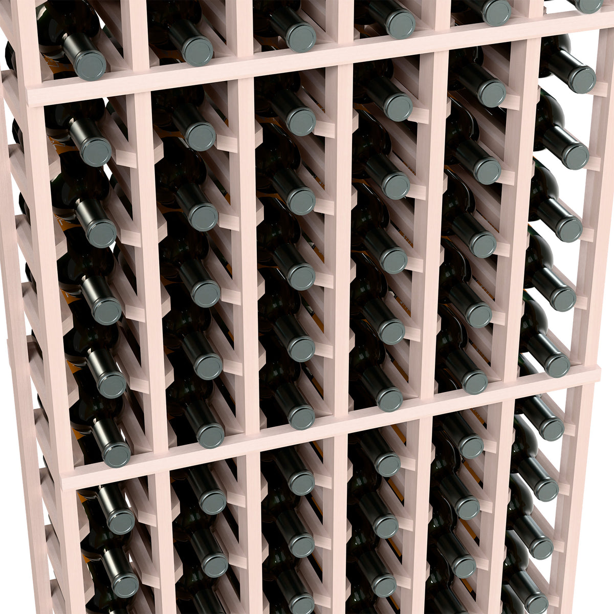 Close-up of white painted 6-column wine bottle rack holding bottles securely