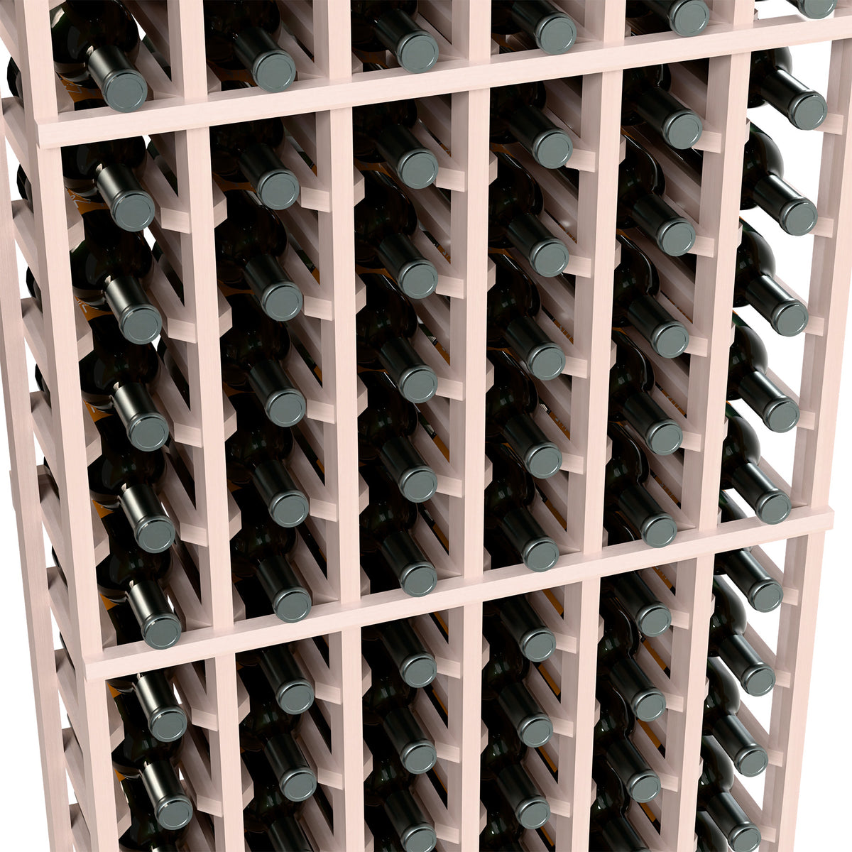 Close-up of white 6-column wine bottle rack with bottle caps and necks visible