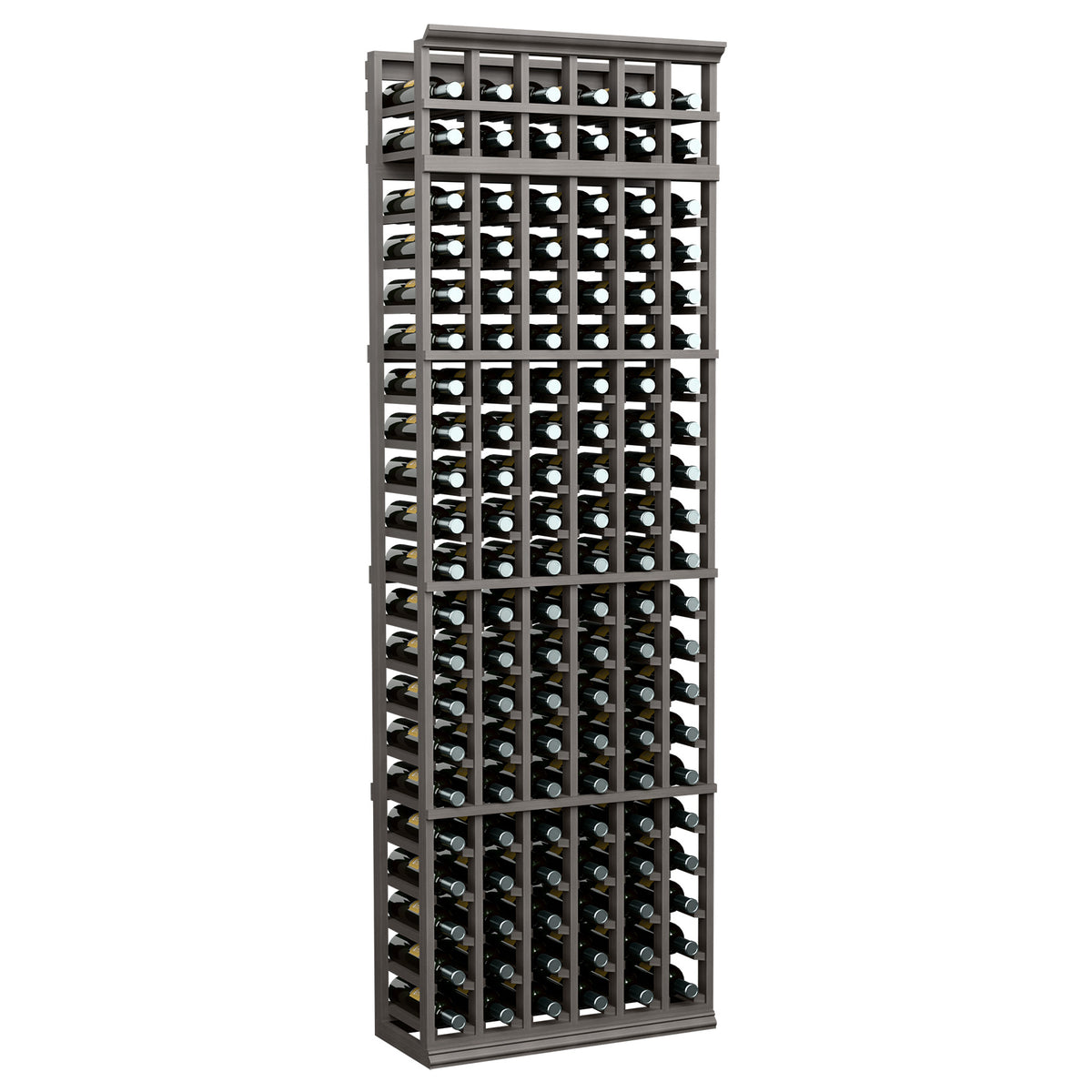 Tall 6-column wine bottle storage rack with black metal grid and front bottle holders