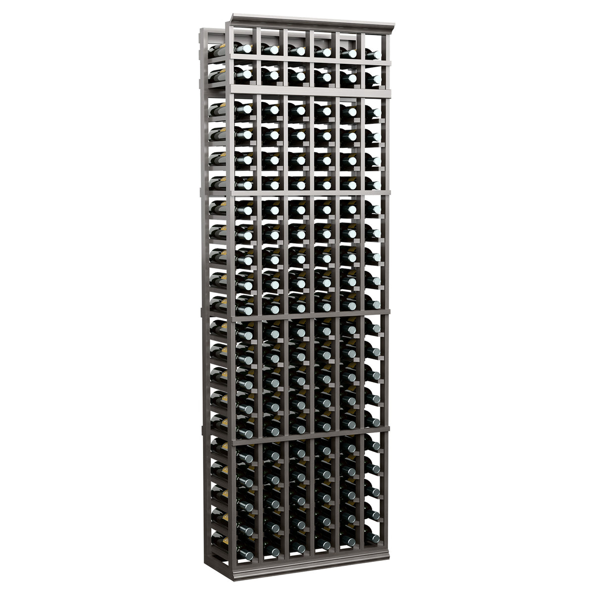 Tall wine bottle storage rack with black metal frame, glass bottles in 6 columns
