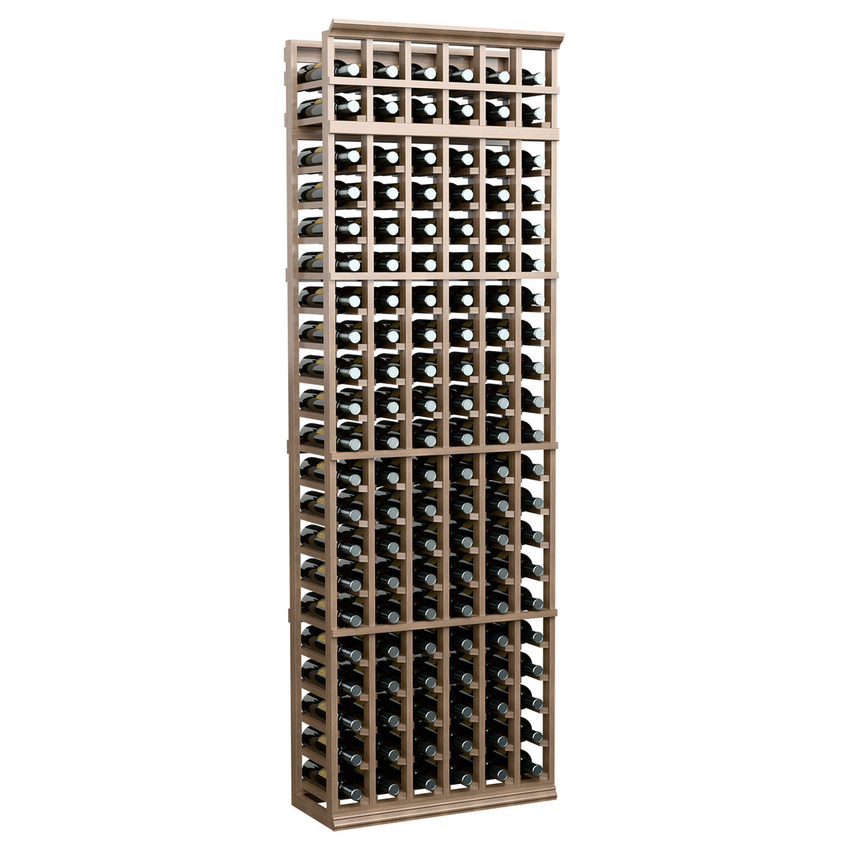 Tall wine bottle storage rack with light wood frame and evenly spaced bottle rows