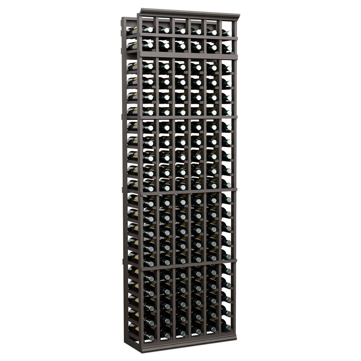 Tall 6-column wine bottle storage rack with dark frame and front bottle holders