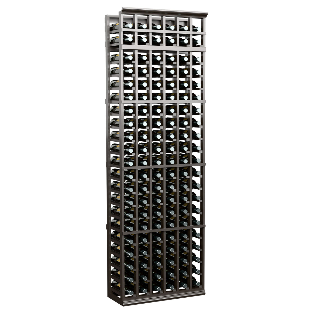 Tall wine bottle storage rack with black metal grid and bottles arranged in 6 columns