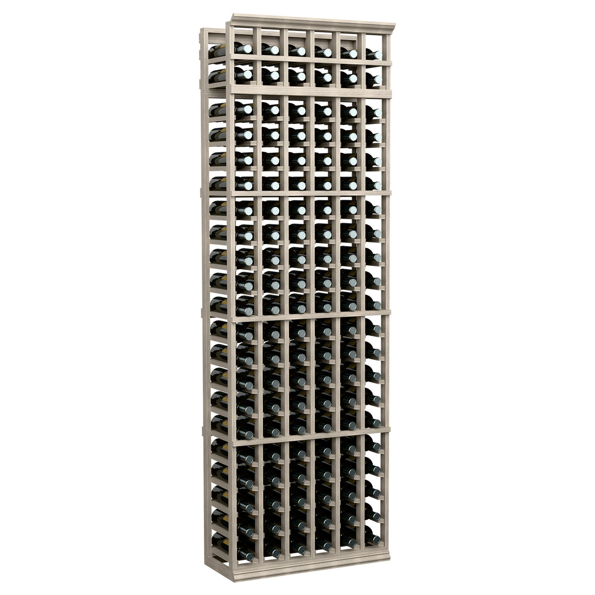 6-column 7-ft wine bottle rack with light gray frame, grid holds multiple bottles