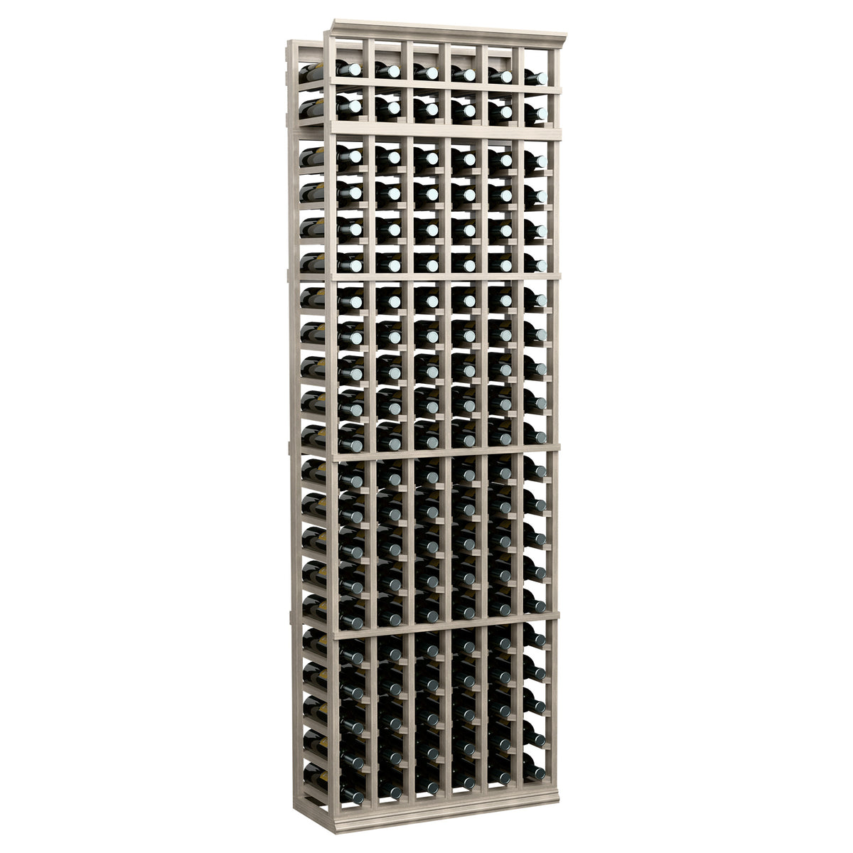 6-column 7-ft wine bottle rack with light gray frame, front view holds multiple bottles
