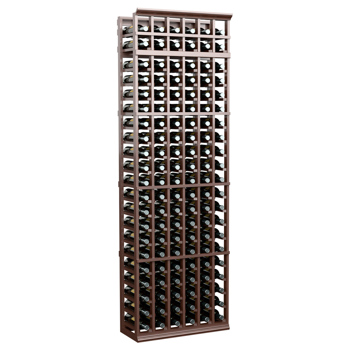 6-column 7-ft wine bottle rack with dark wood frame, front view holds multiple bottles