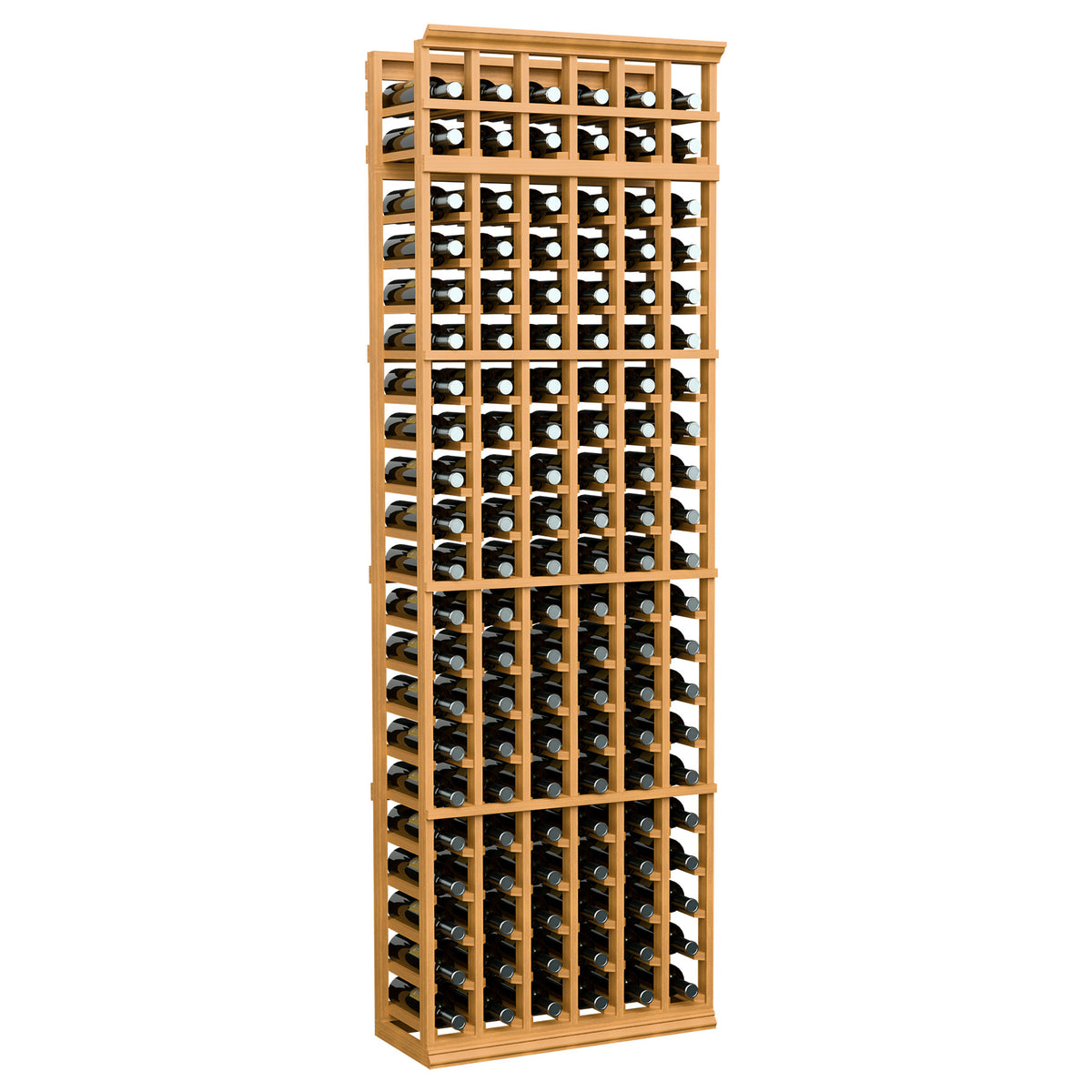 6-column 7-ft wine bottle rack with warm light wood frame, grid holds multiple bottles