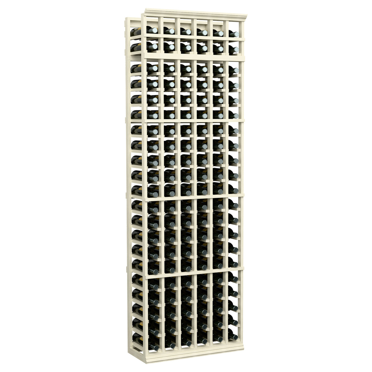 6-column 7-ft wine bottle rack with whitewashed frame, grid holds multiple bottles