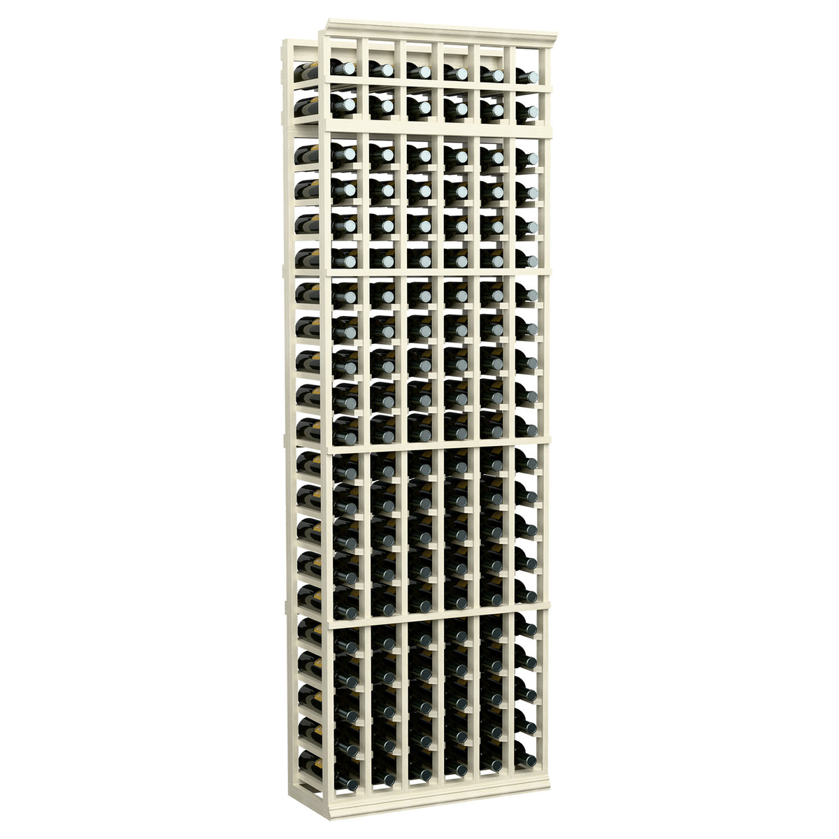 6-column 7-ft wine bottle rack with whitewashed frame, front view holds multiple bottles