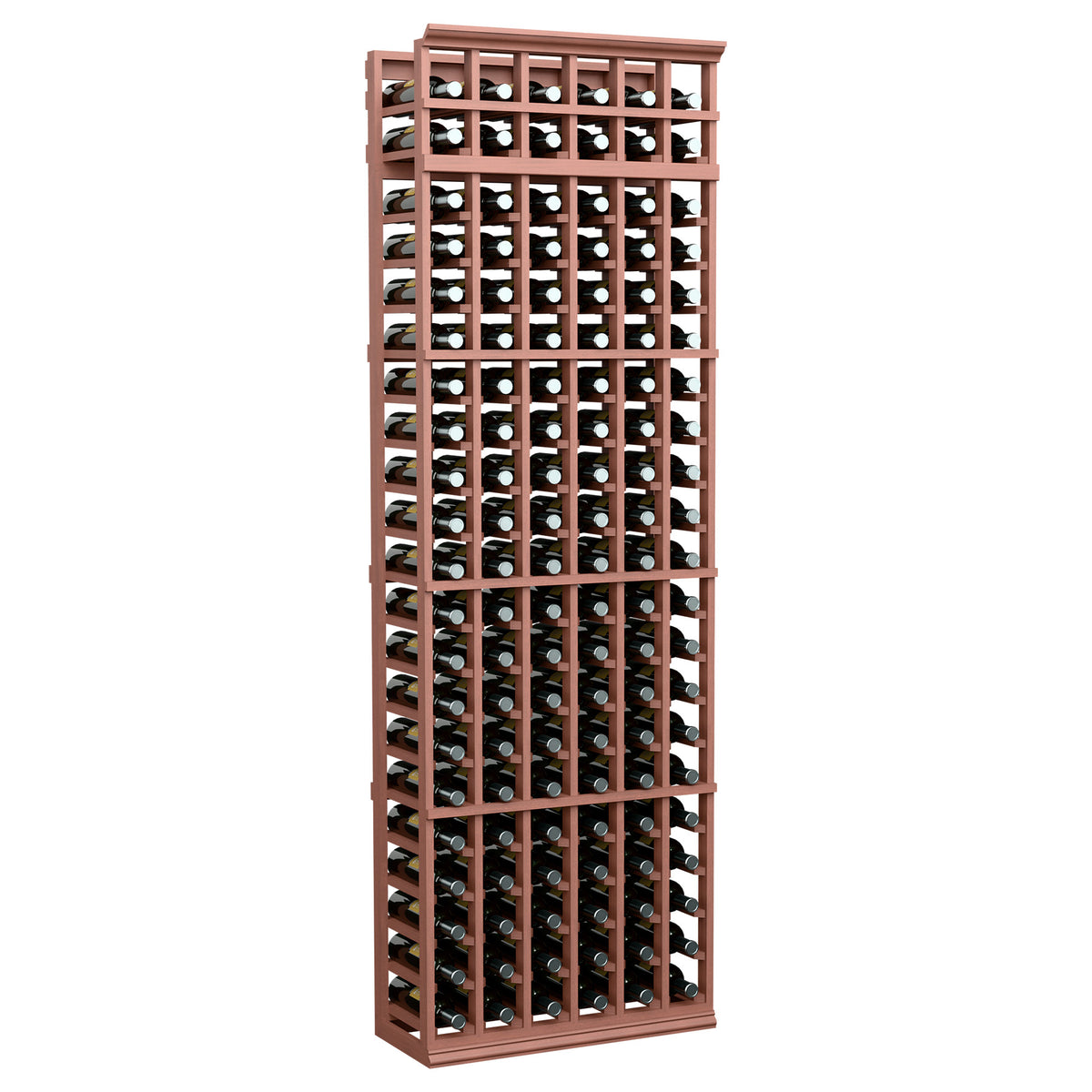 6-column wine bottle rack with 7ft frame, reddish-brown wood grid for bottles
