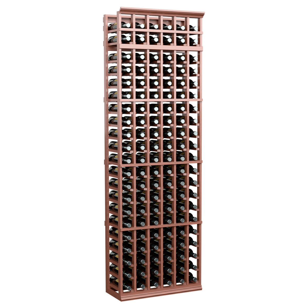 6-column wine bottle rack with 7ft frame, reddish-brown wood grid for bottles
