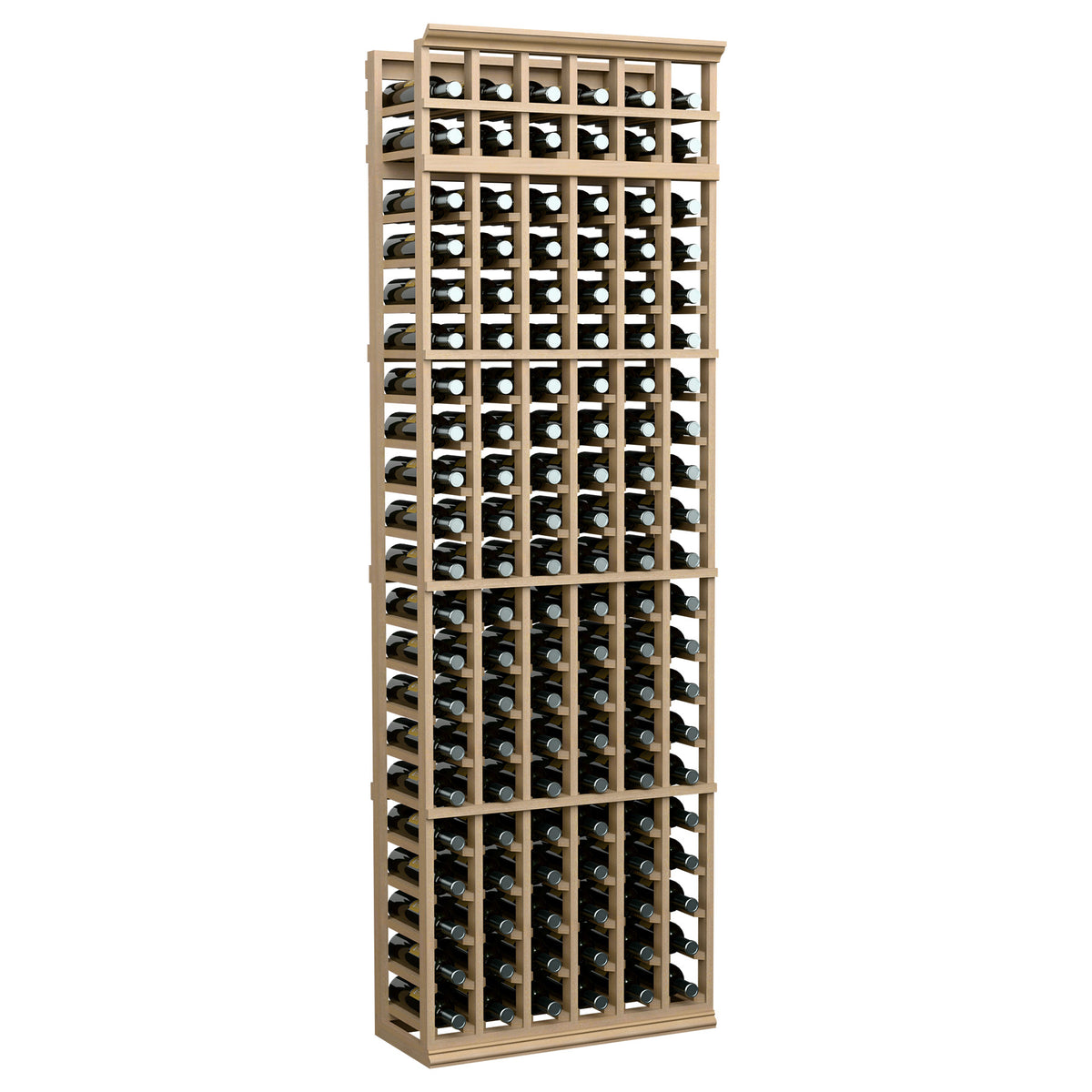 6-column wine bottle rack with 7ft frame, light wood grid for bottles