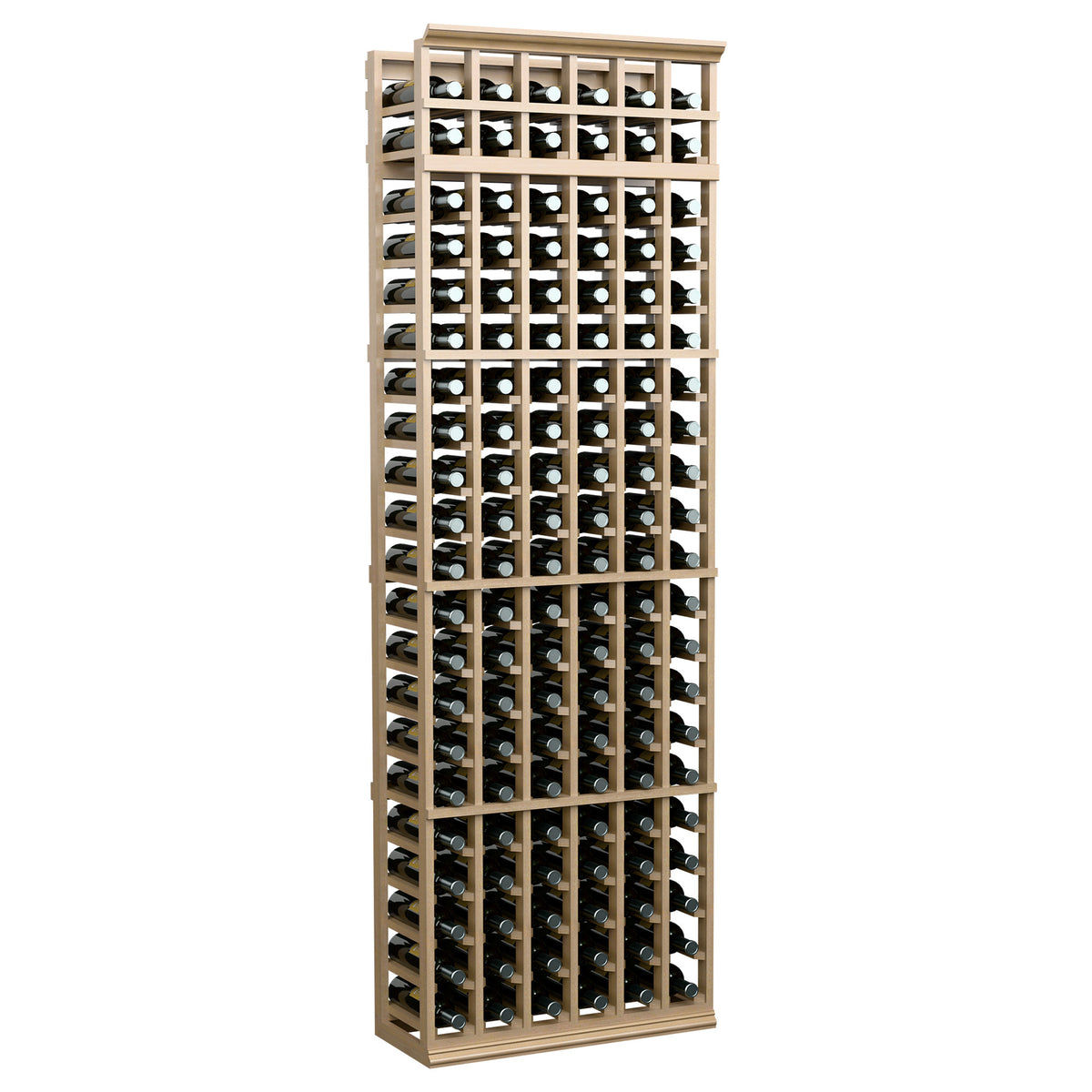 6-column wine bottle rack with 7ft frame, light wood grid for bottles