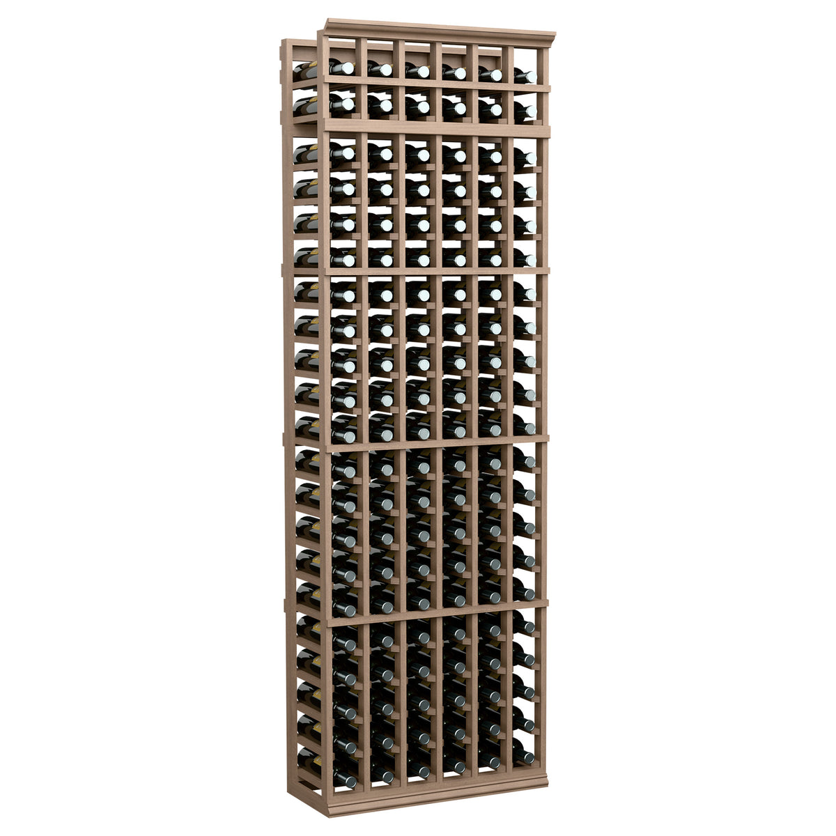 6-column wine bottle rack with 7ft frame, light brown wood grid for bottles