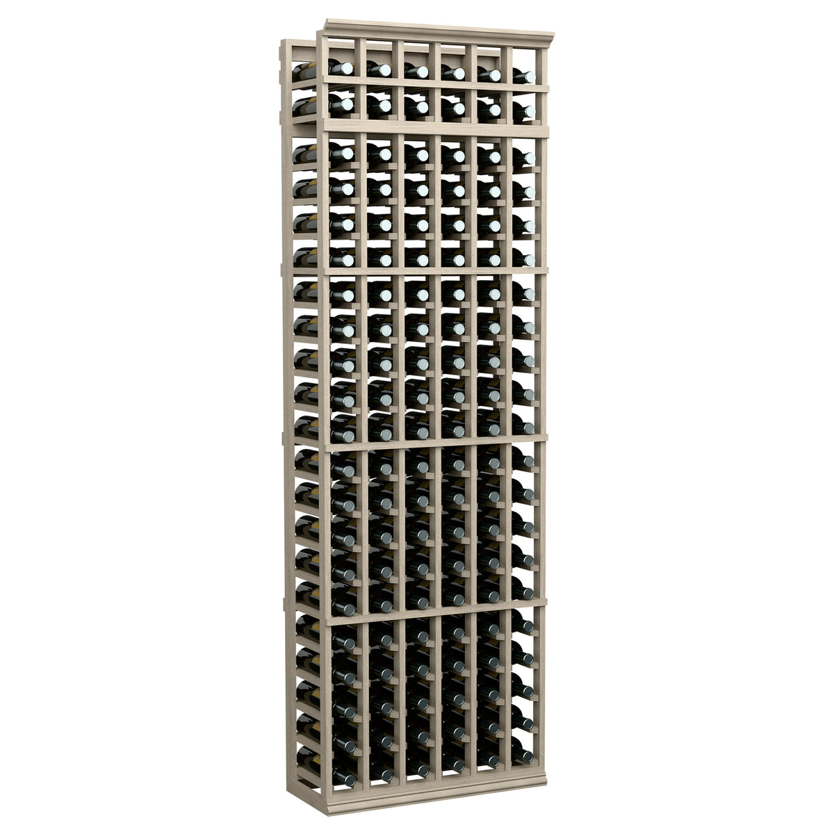 6-column wine bottle rack with pale light-wood frame and front bottle slots