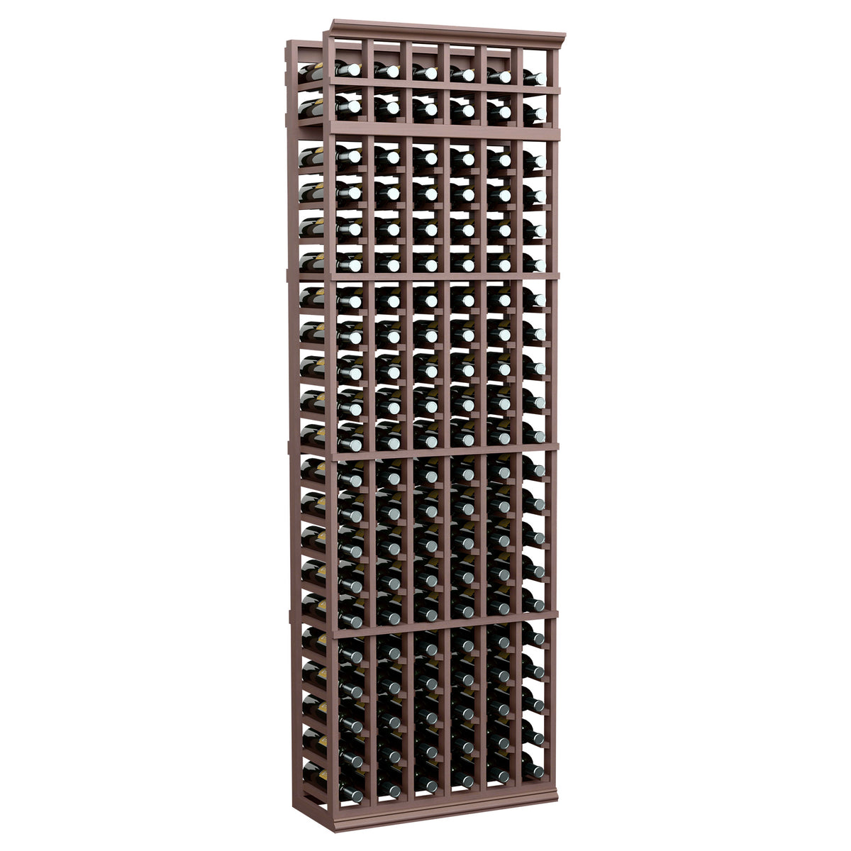 6-column wine bottle rack with dark wood frame and evenly spaced front bottle slots