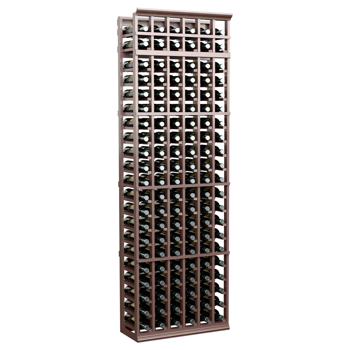 6-column wine bottle rack with rich dark brown frame and bottle storage grid