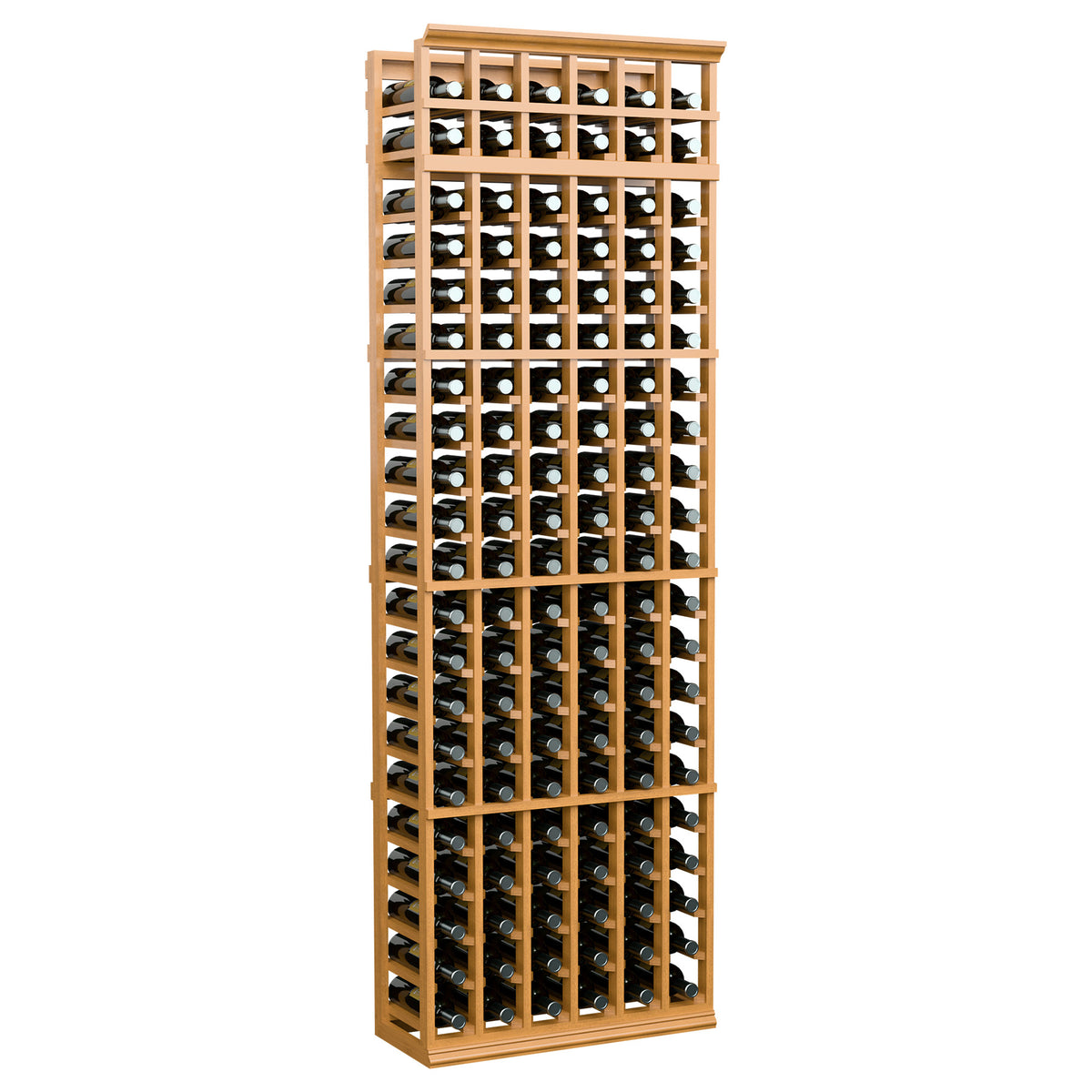 6-column wine bottle rack with honey-toned wood frame and multiple bottle slots