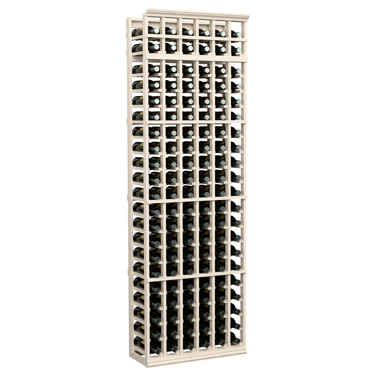 6-column wine bottle rack with light gray wood frame and front bottle storage grid