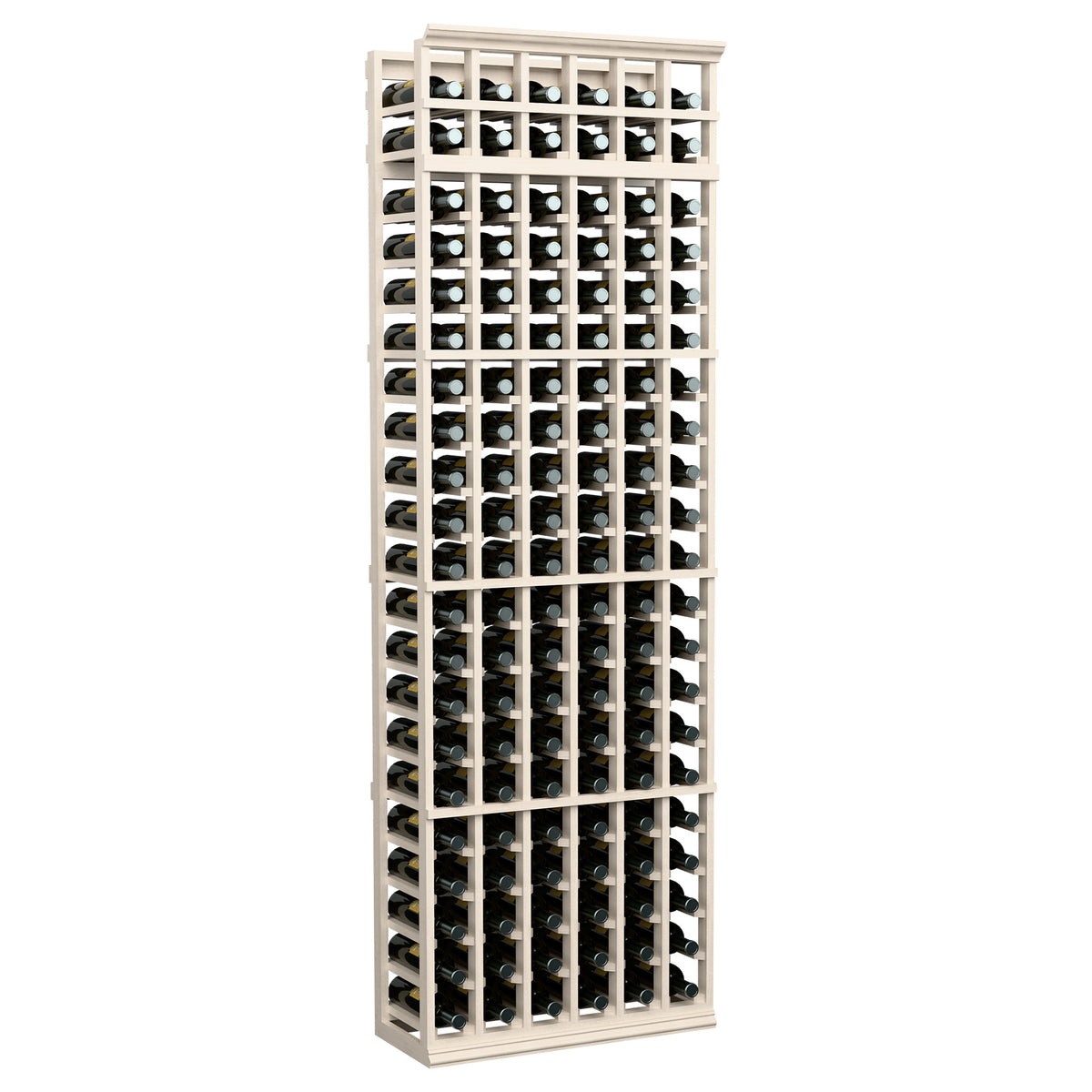 6-column wine bottle rack with pale wood frame and vertical rows for wine bottles