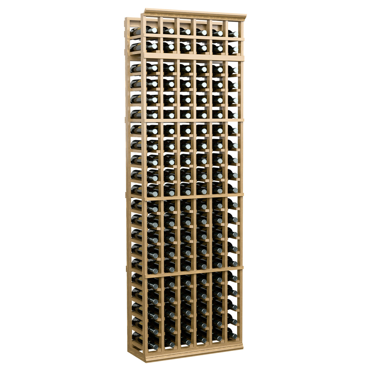 6-column wine bottle rack with pale wood frame and bottle storage slots