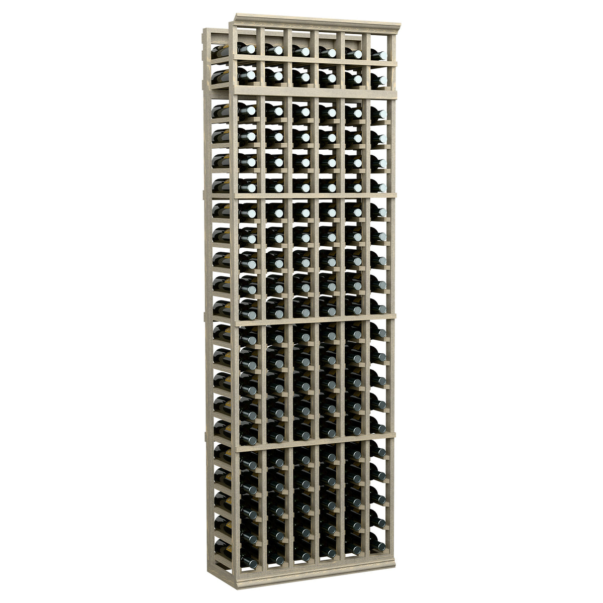 Wood wine bottle rack, 6-column 7ft, light frame with vertical bottle slots